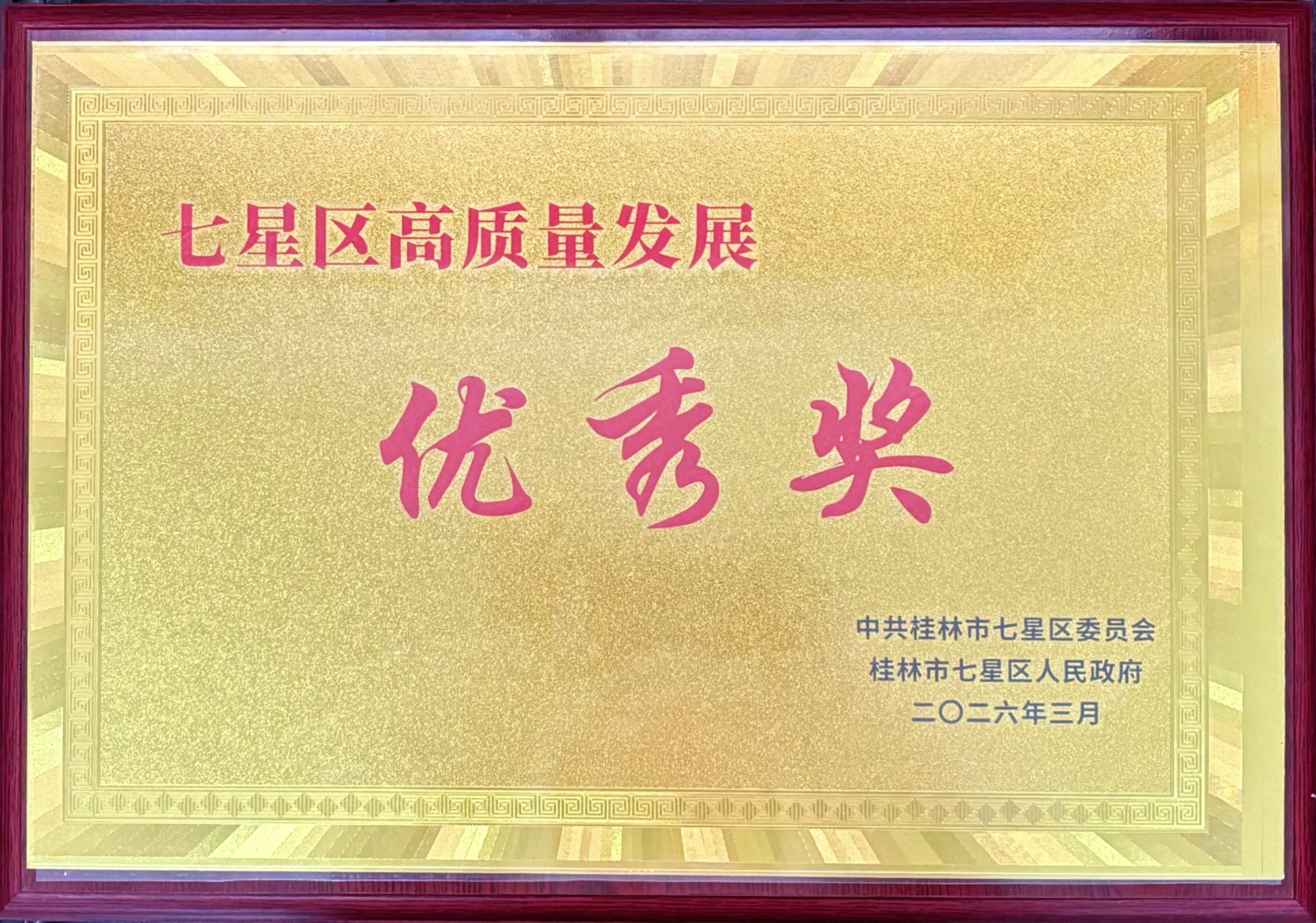 桂林漓佳公司荣获桂林市七星区高质量发展优秀奖